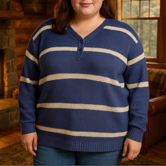 Terra & Sky Striped Henley Sweater (1X Womens) - Picture 1 of 11